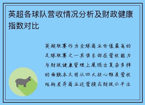 英超各球队营收情况分析及财政健康指数对比